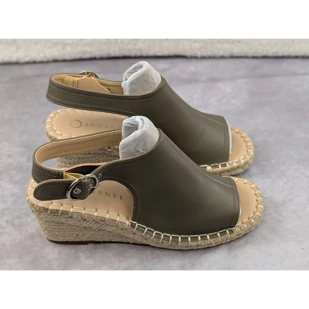 Journee Collection Olive Green Espadrille Wedge Sandals Women 7 Buckle Slingback